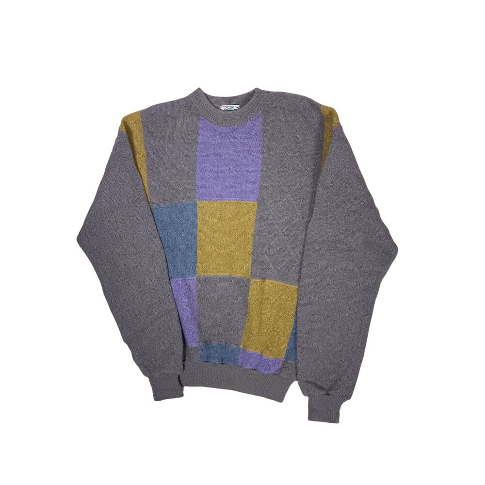 Vintage Crocodile Knit Sweater Womens M Pastel Easter Spring Yellow Purple